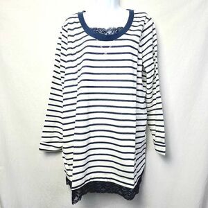 Woman Within Striped Lace Trim Long Sleeve Top L
